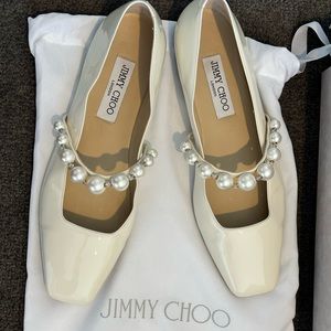 Jimmy Choo Ade Pearl Embellished Patent Leather Bridal Flats - women’s size 39